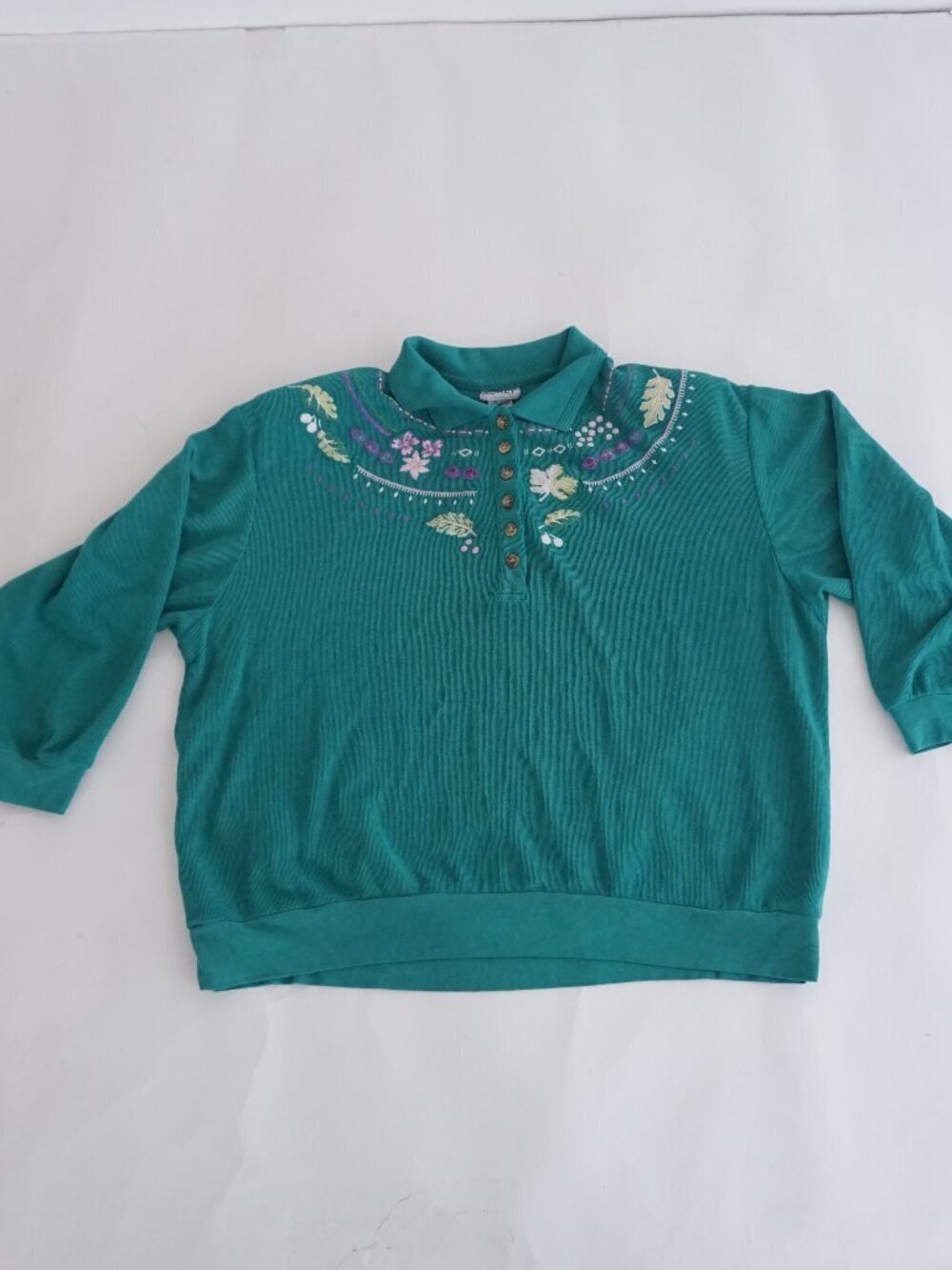 Vintage Koret Teal Floral Leaf Embroidered Button Front Collared Shirt 1X